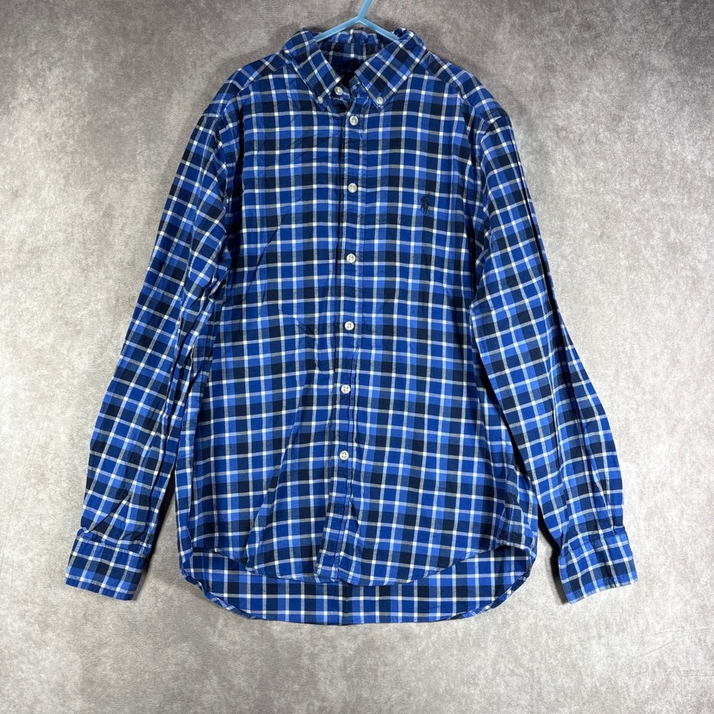 Ralph Lauren Button Down Shirt Kids L 14-16 Blue Plaid Long Sleeve Cotton Shirt‎